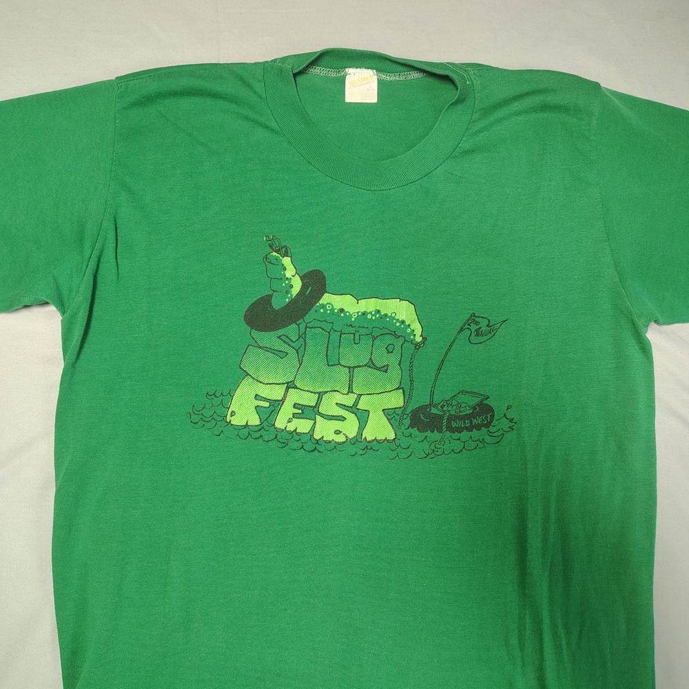 Vintage Wild West Slug Fest T Shirt Green Single Stitch 80s Mens Large 50/50 - Picture 5 of 11
